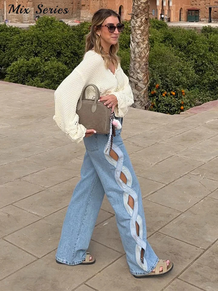 Fashion Side Hollow Out Jeans Womens High Waist Straight Leg Denim Pants 2026 Summer Lady Trendy Casual Streetwear 260402