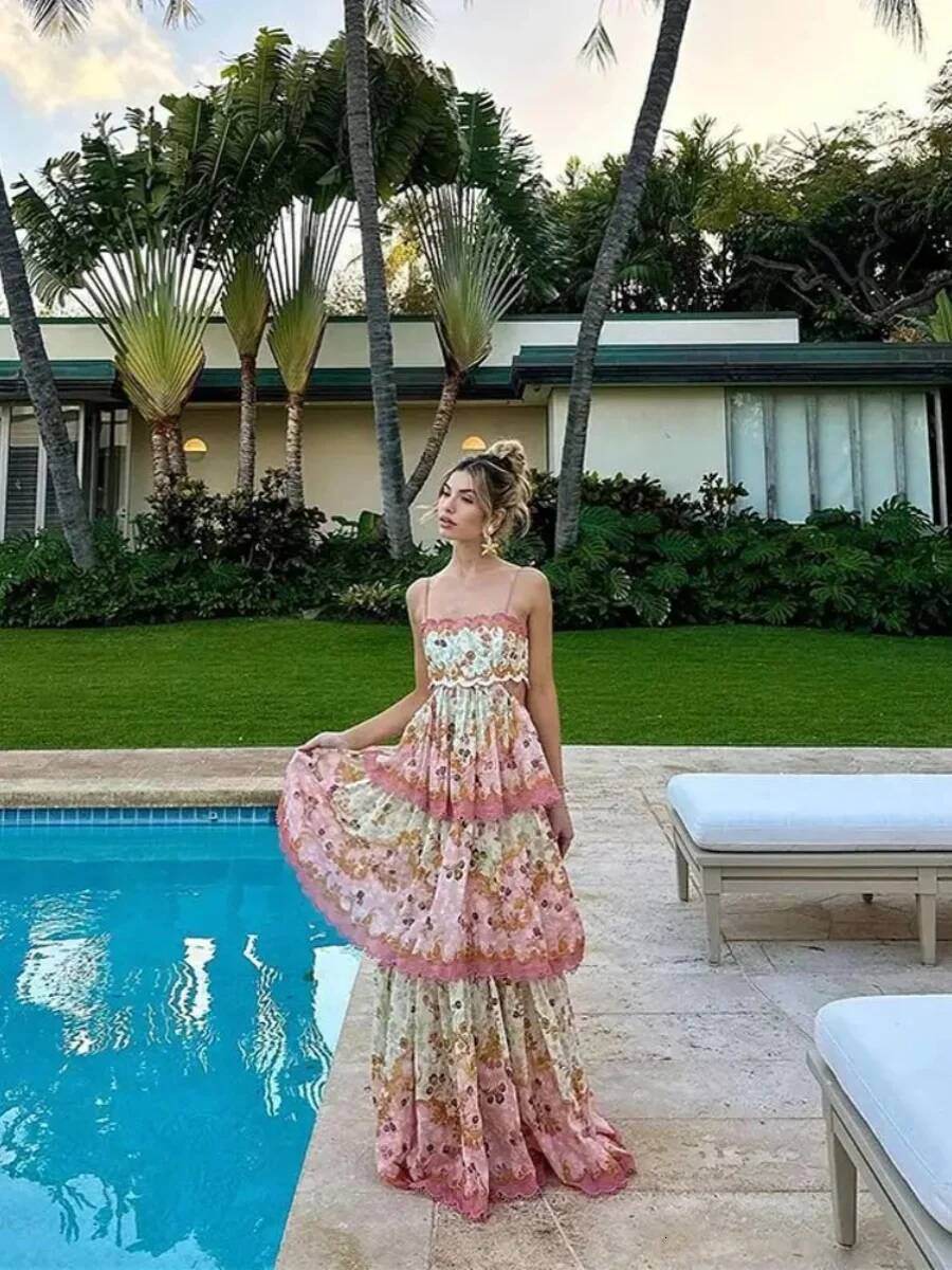 Off-Shoulder Floral Cake Long Skirt Halter Style Backless Splice Polyester Spring Summer Women's Street Fashion Dress
