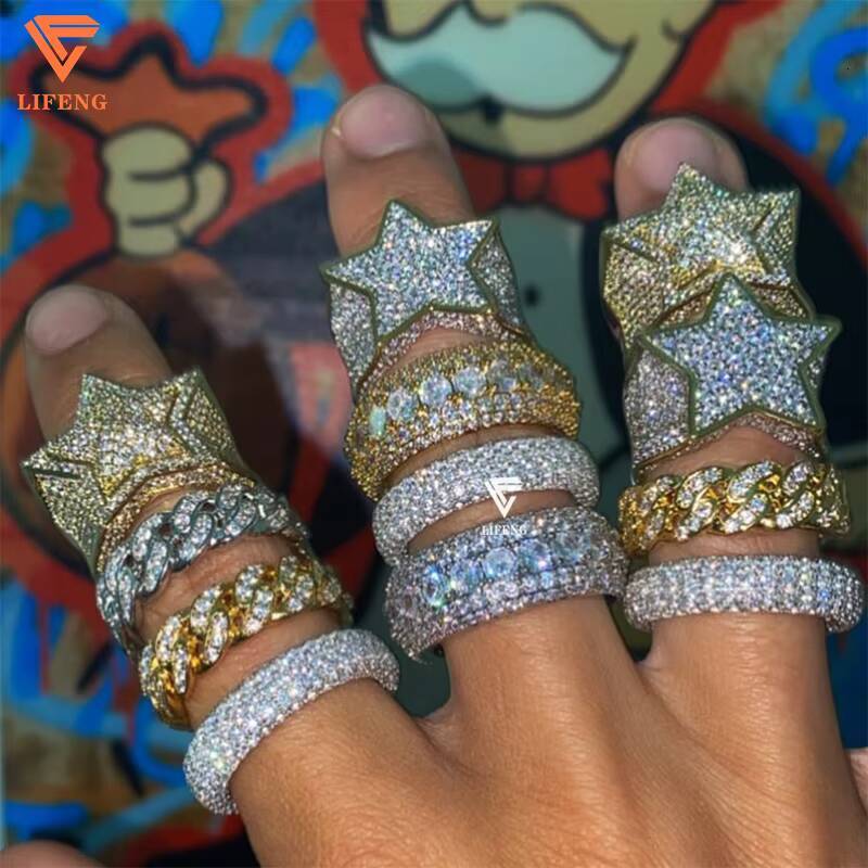 High Quality Jewelry Custom Hip Hop Ring 925 Sterling Silver Plated 18 K Gold Ice Out Moissanite Diamond Ring Wedding Ring