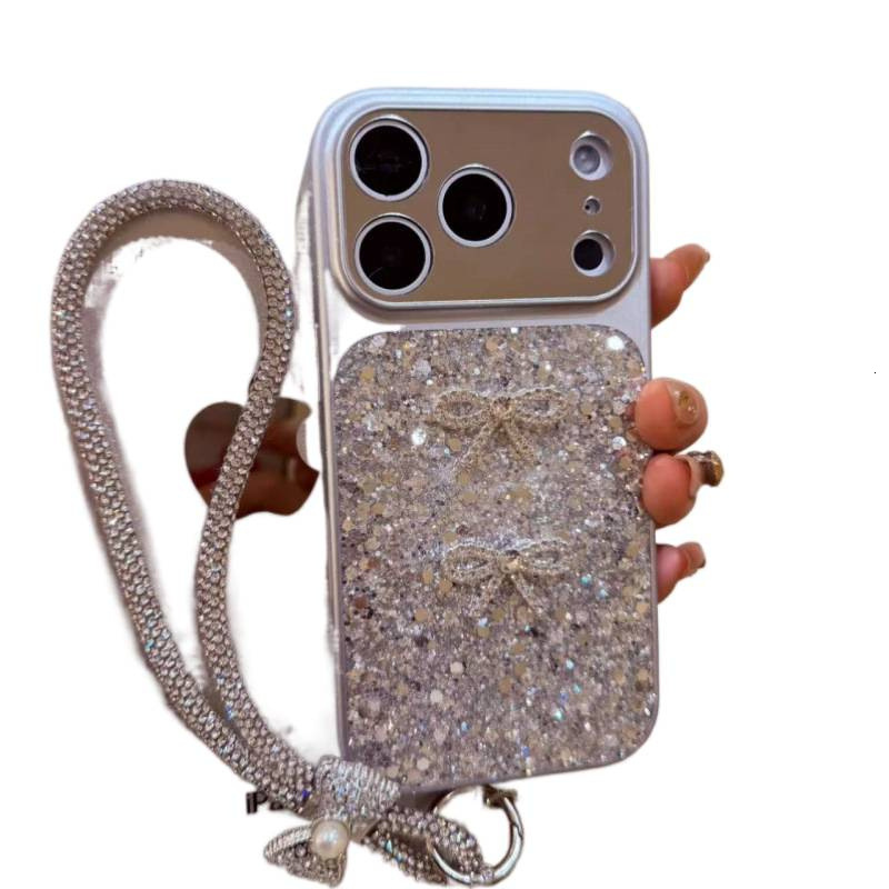 Designer Luxury Bling Glitter Phone Case 3D Bow Decor With Rhinestone Wrist Strap Full Lens Protection Shockproof Cover For Iphone Series