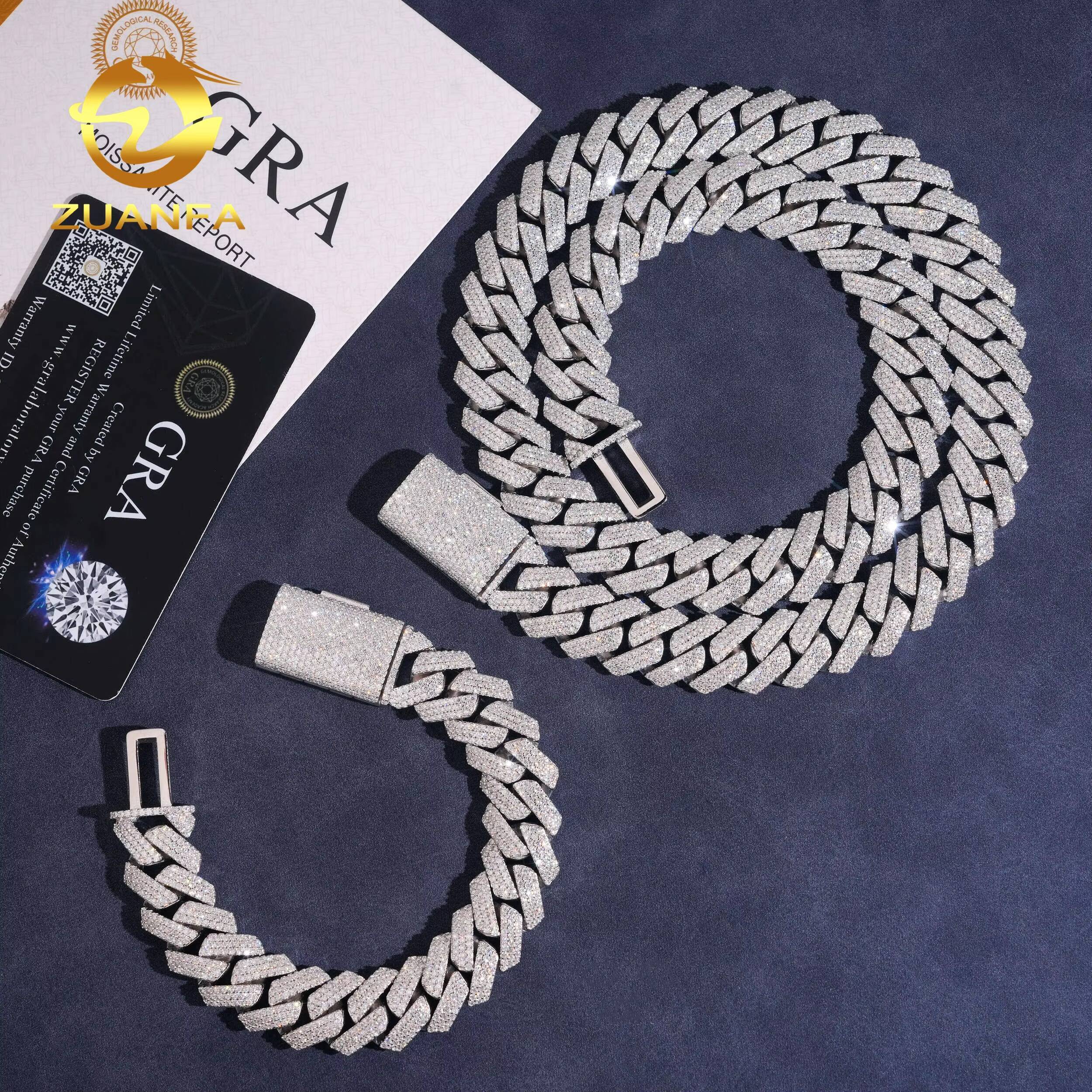 Pass Diamond Tester Hip Hop Iced Out Mens 15mm 3 Rows Stone Moissanite Miami Cuban Link Chain