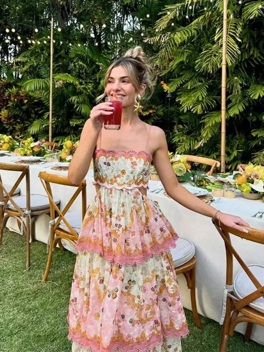 Off-Shoulder Floral Cake Long Skirt Halter Style Backless Splice Polyester Spring Summer Women's Street Fashion Dress