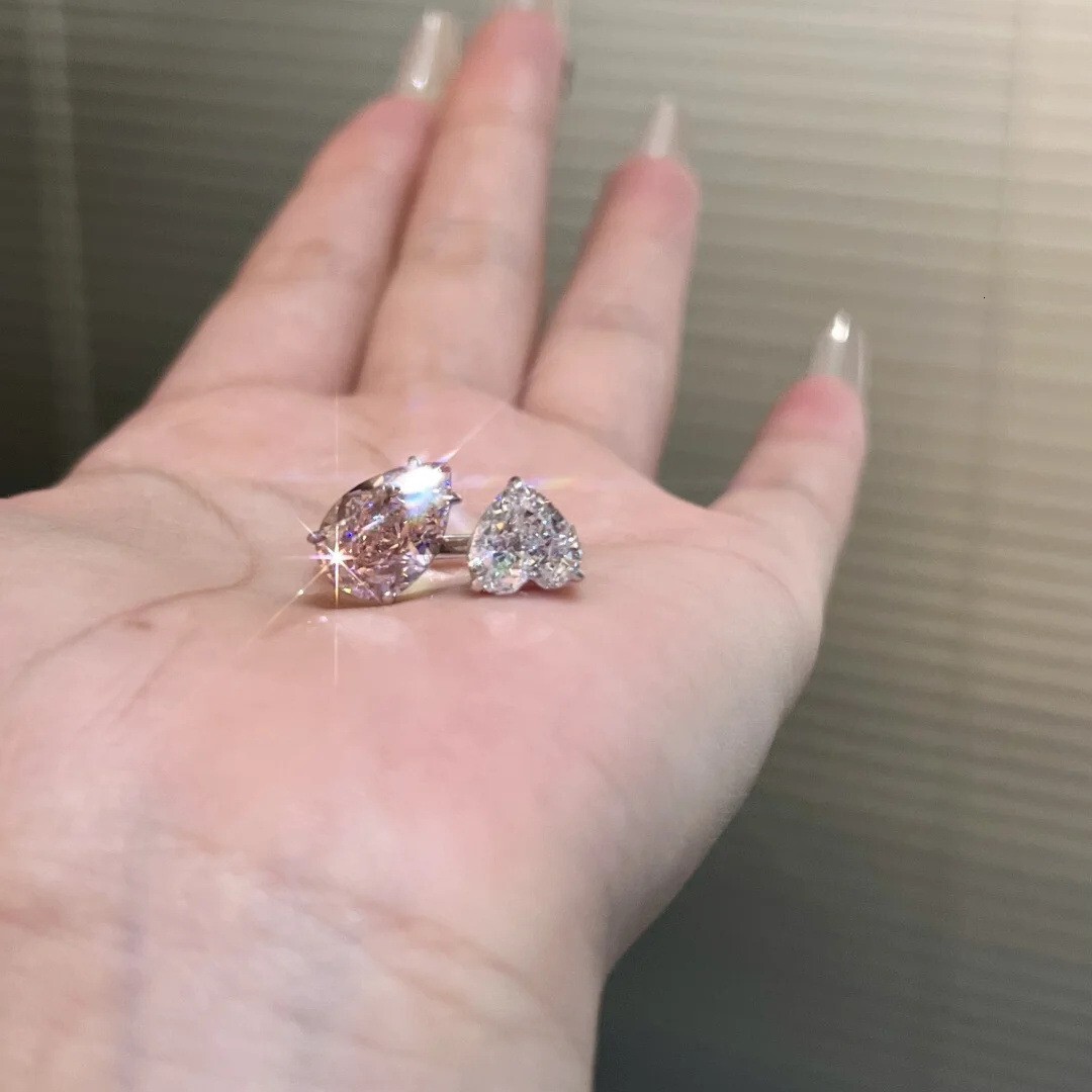 Luxury Brand Designer Jewelry Luxurious And Sophisticated Double Diamond Heart-Shaped Water Drop Ring For Women, Super Fairy-Like And Sweet Style, Uni