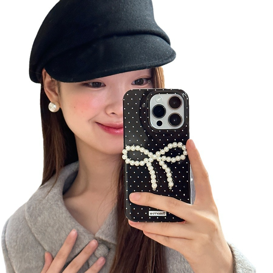 Designer Luxury Elegant Black Dot Phone Case Pearl Beaded Chain Heart Star Charm Full Lens Protection Anti-fall Case For Iphone 15/14/13 Pro Max