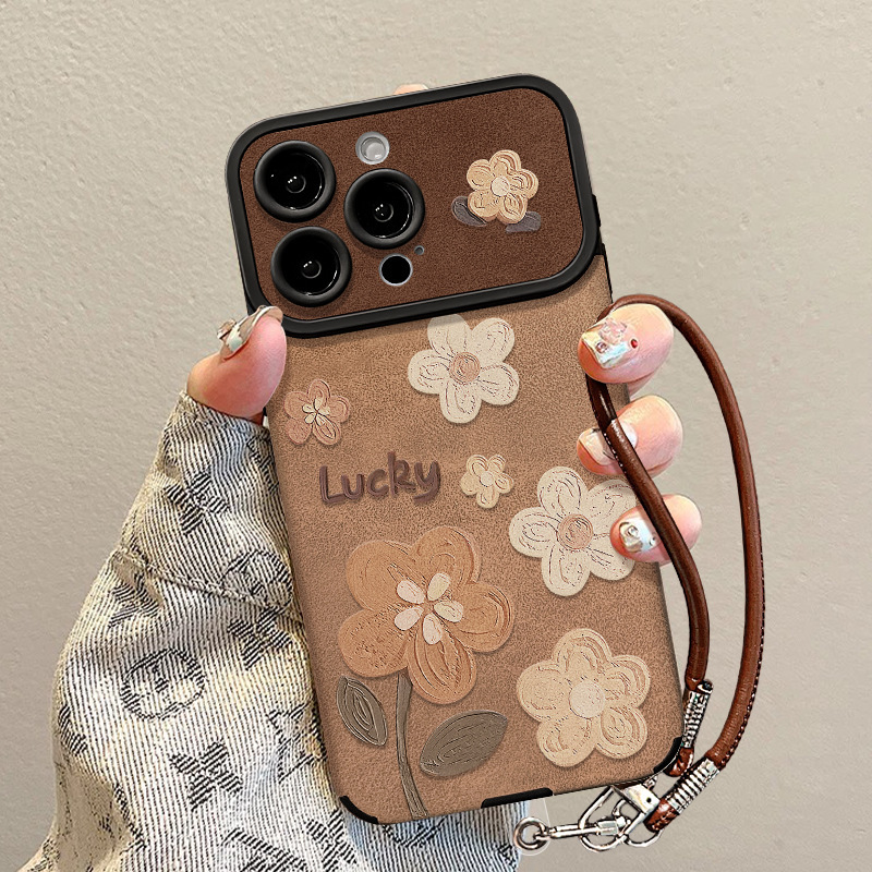 Designer Luxury Retro Floral Phone Case, Lucky Embossed Flower Pattern Full Lens Protection Shockproof Cover, Vintage Brown Leather Case For Iphone Se