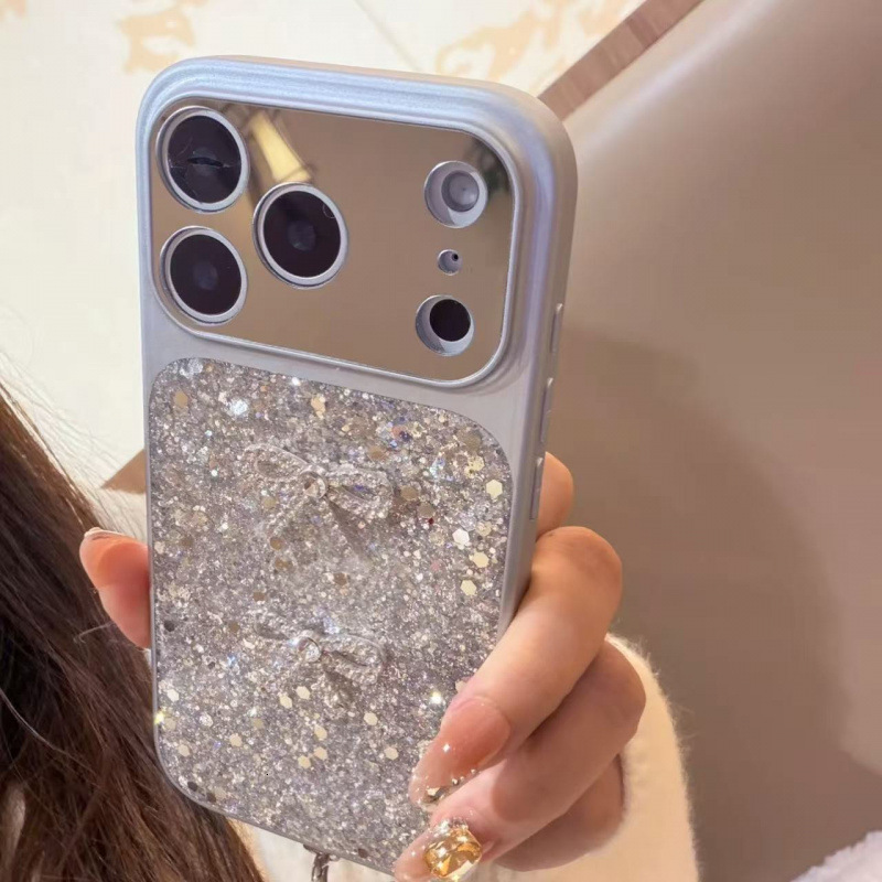 Designer Luxury Bling Glitter Phone Case 3D Bow Decor With Rhinestone Wrist Strap Full Lens Protection Shockproof Cover For Iphone Series