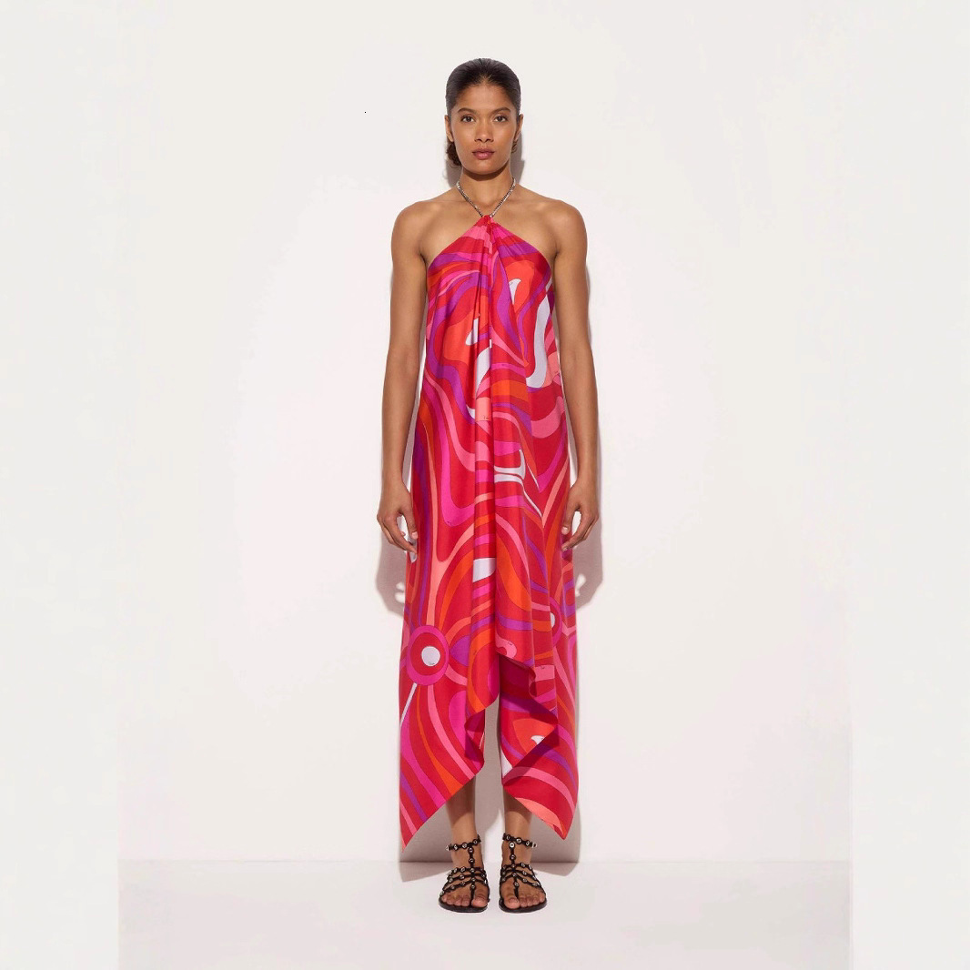 2025 New Printed Satin Simple Style Printed Halter Neck Long Dress Irregular Dress