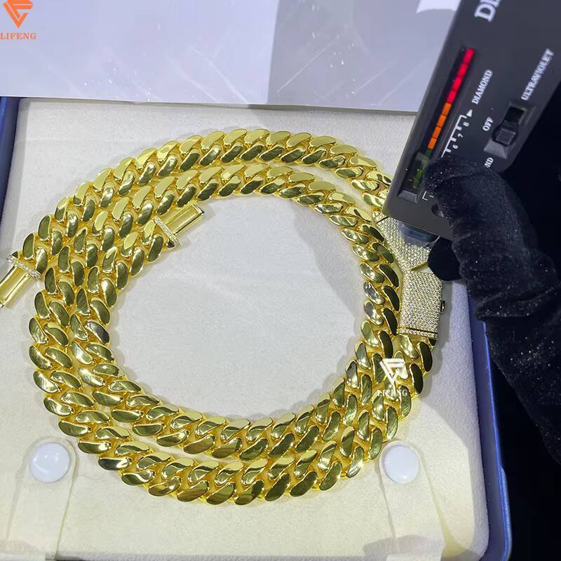 Custom 18K Gold Plated 14mm Cuban Link Chain Iced Moissanite Necklace Solid Sterling Hiphop Plain Cuban Link Necklace