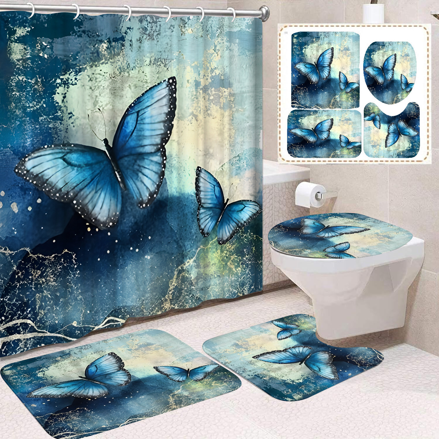 YL-38440 Home Decor Pink Butterfly and Flower Waterproof Shower Curtain Set (4 Pieces