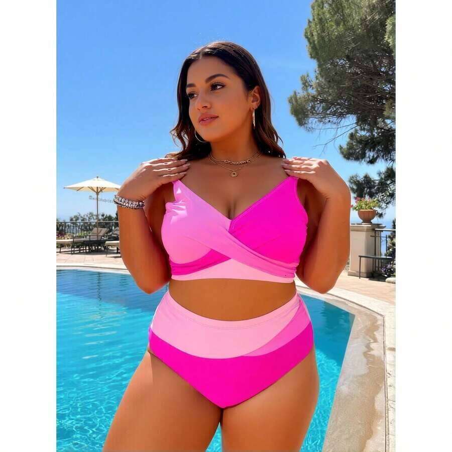 Designer 2026 New Plus Size Bikini Set Hot Pink Color Block Swimsuit V-Neck Twist Front Top And High Waisted Bottoms 4XL - Women's Swimwear