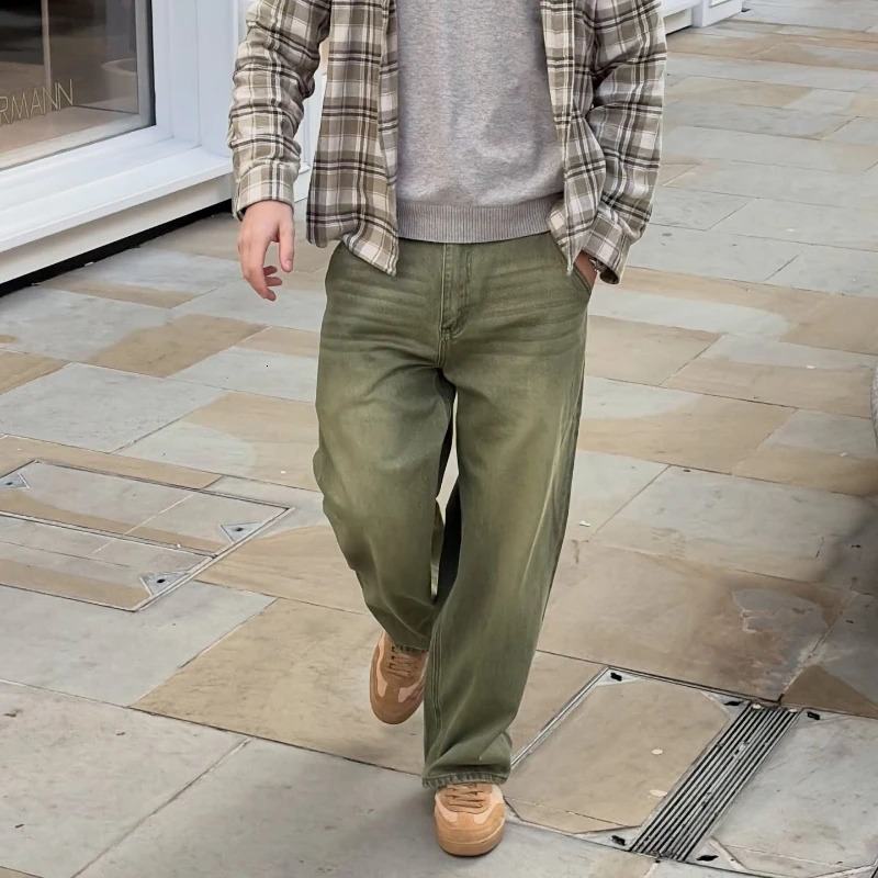 Y2K Retro Matcha Denim Jeans Washed Billiard Embroidered Denim Pants London Fashion York Style Streetwear Unisex Baggy Jeans 260403