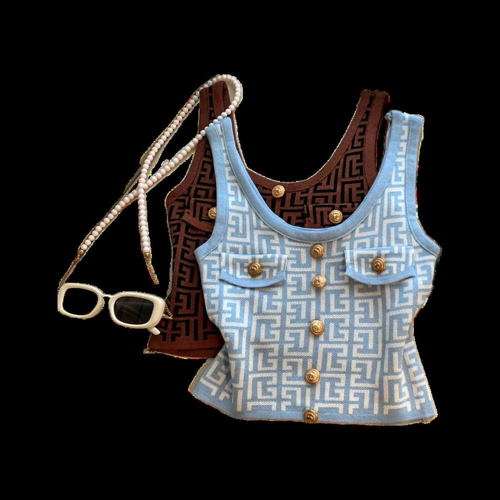 French Style Square Collar Ice Silk Sleeveless Tops Slim Buttoned Blazer Knitted Tanks High End Geometric Jacquard Crop Top