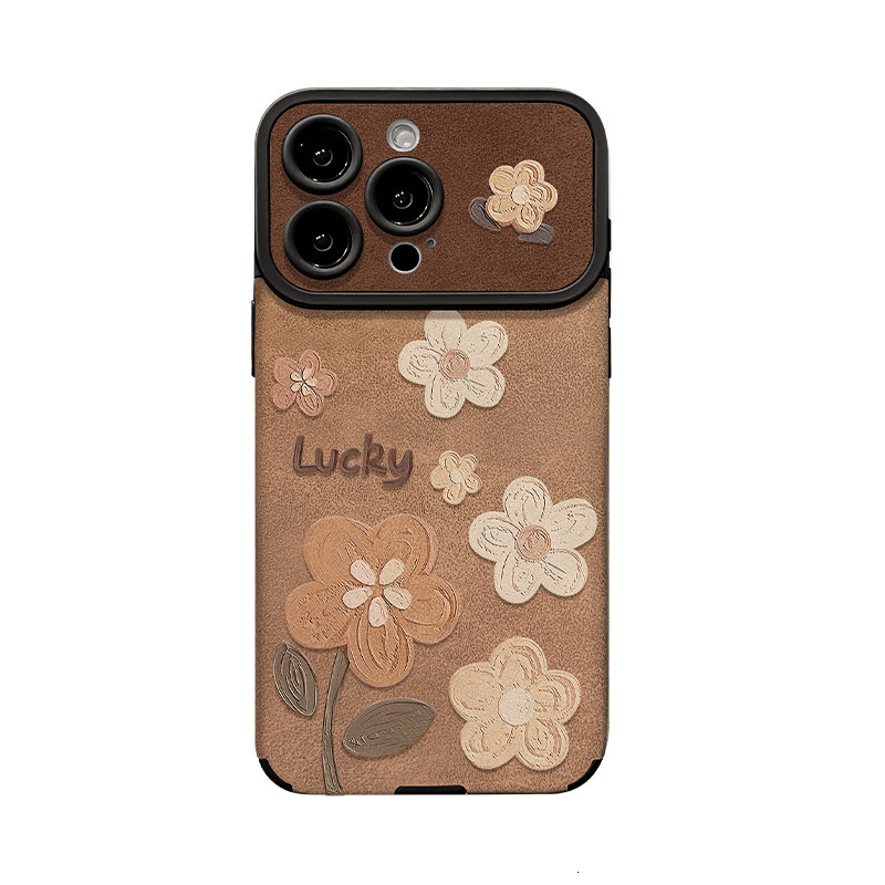 Designer Luxury Retro Floral Phone Case, Lucky Embossed Flower Pattern Full Lens Protection Shockproof Cover, Vintage Brown Leather Case For Iphone Se