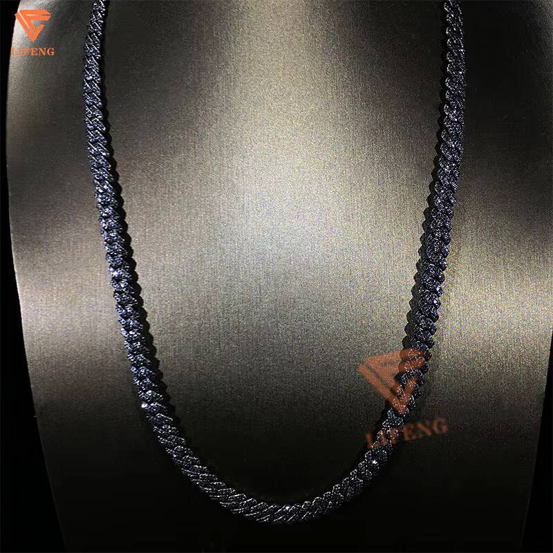 Hip Hop 925 Sterling Silver Mens Cuban Link Chain with VVS Black Moissanite Prong 8MM Iced Fine Jewelry Passed Diamond Tester
