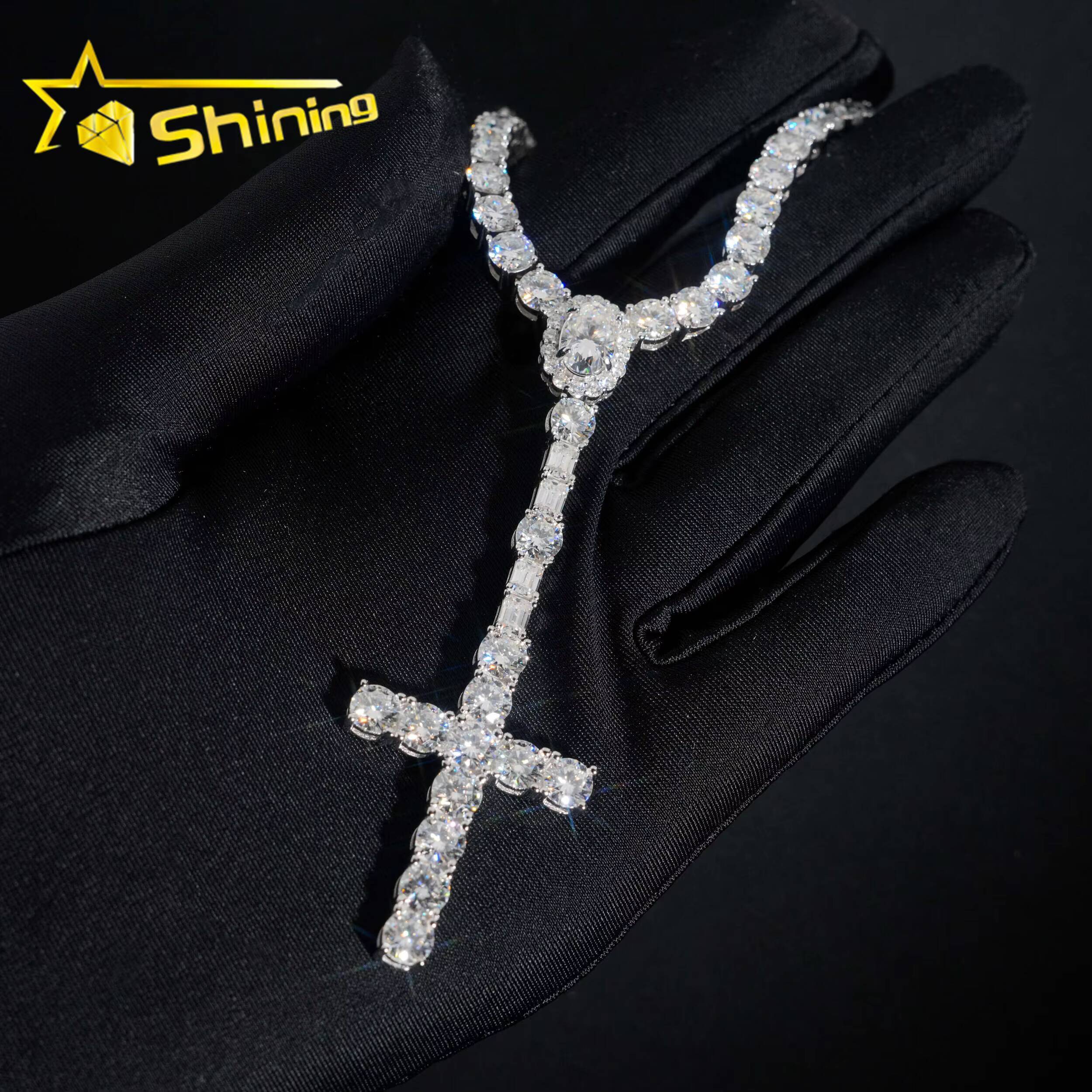 New Design 925 Sterling Silver Cross Style Moissanite Pendant Necklace Hip Hop Jewelry Moissanite Necklace Tennis for Men past test
