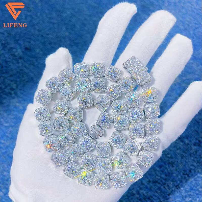 Hip Hop Jewelry 10mm Tennis Chain Iced Out Pass Diamond Tester 925 Sterling Silver Square Cluster Moissanite Tennis Chain