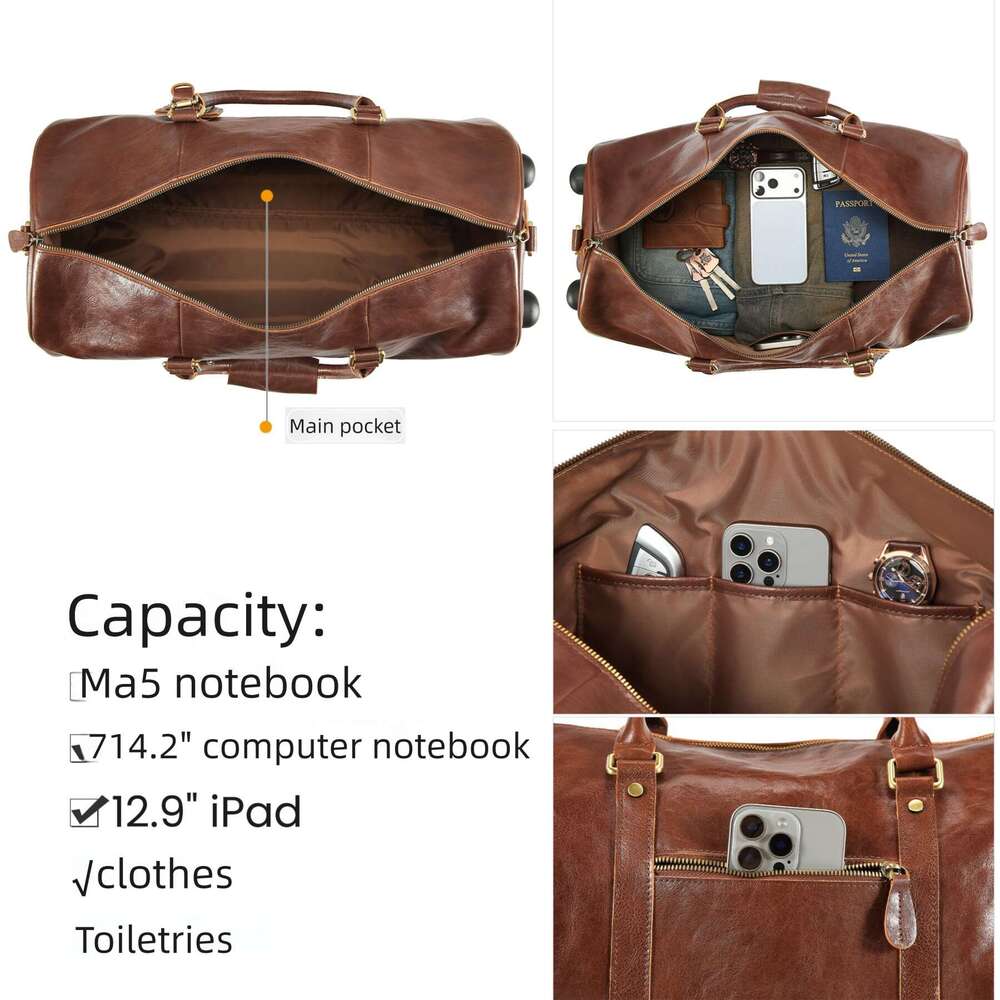 Vintage Crazy Horse Leather Travel Bag, Top Grain Cowhide Trolley Luggage, Men's Business Carry-on, Large Capacity Travel Duffel Bag SENYY