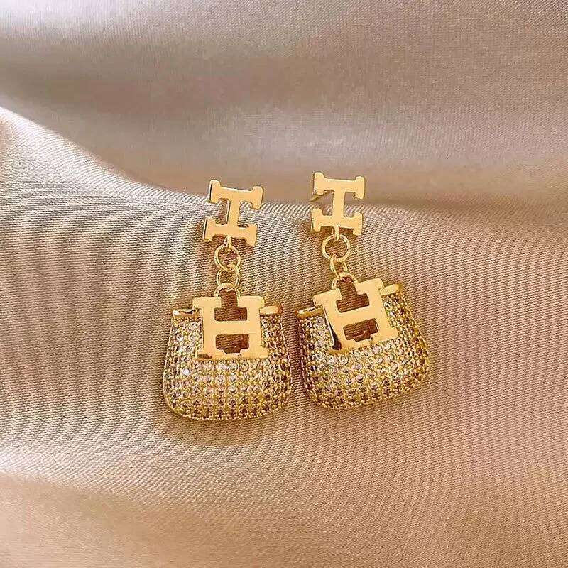 Metal H Letter Zircon Bag Pendant Suitable For Winter Earrings Women S Unique Niche Design Sense