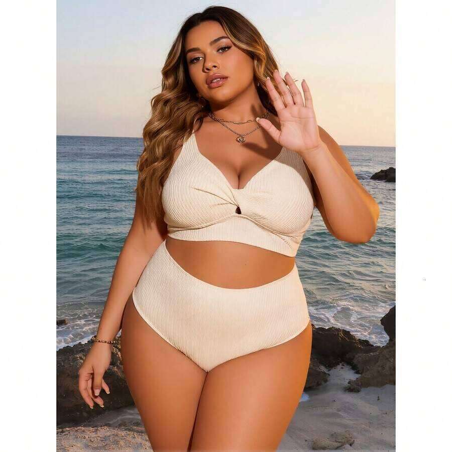 Women's White Swimsuit Deep V Neck - Ribbed Two Piece Bathing Suit With High Waisted Shorts, Tummy Control, Twist Knot Bikini Set For Beach Vacat
