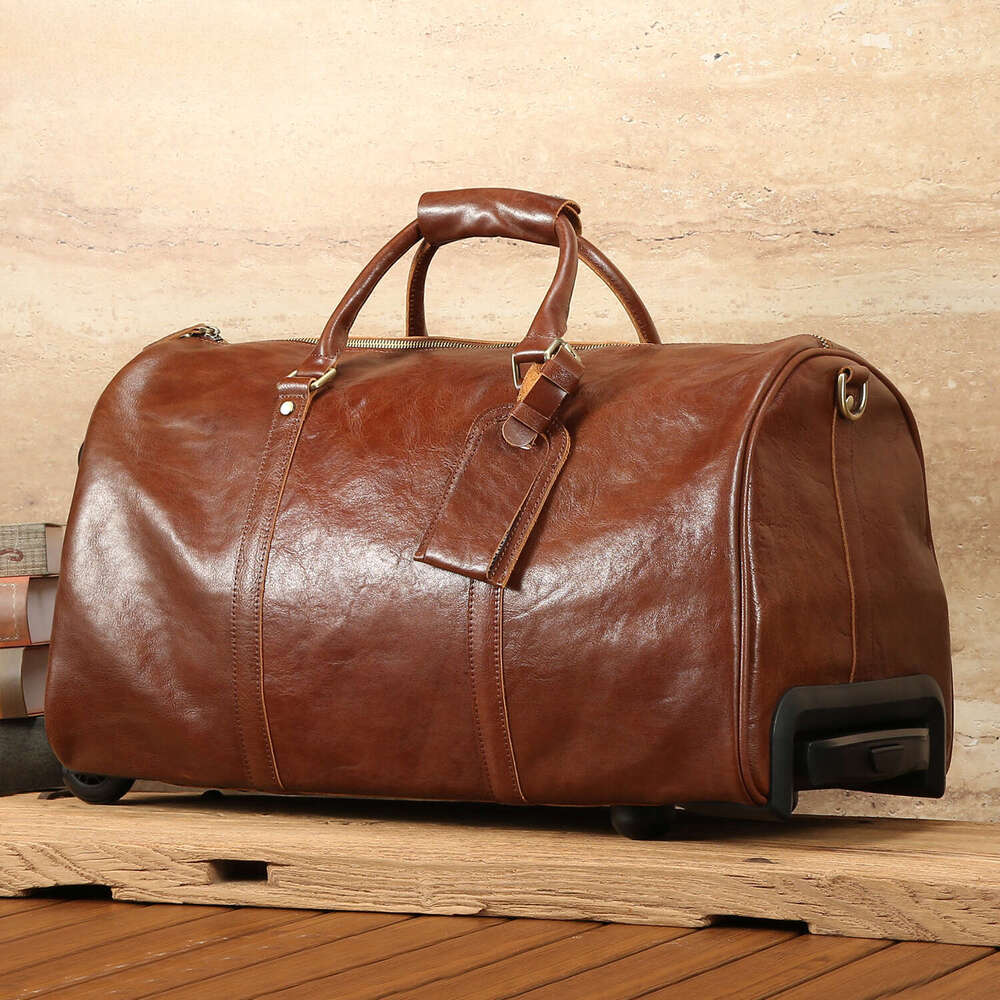 Vintage Crazy Horse Leather Travel Bag, Top Grain Cowhide Trolley Luggage, Men's Business Carry-on, Large Capacity Travel Duffel Bag SENYY
