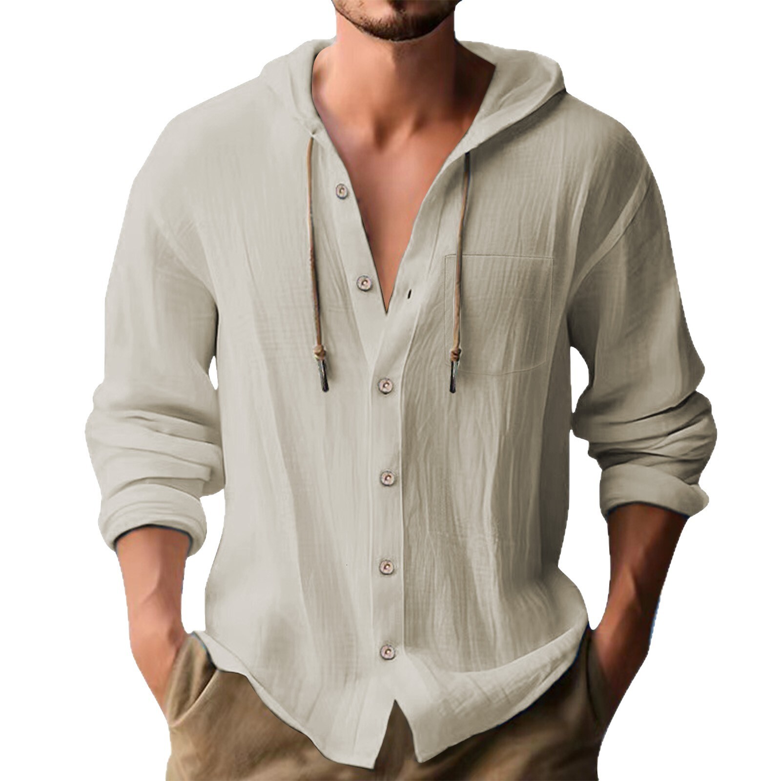 Luxury Brand Designer Men 2026 New Hooded Linen Cotton Long Sleeve Shirt Casual Solid Color Button Down Hoodie T-Shirt for Daily Wear
