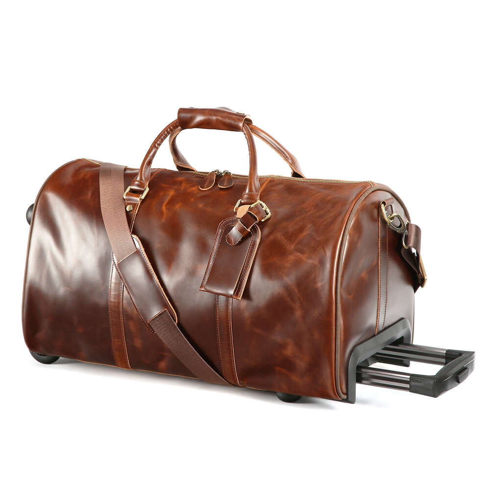 Vintage Crazy Horse Leather Travel Bag, Top Grain Cowhide Trolley Luggage, Men's Business Carry-on, Large Capacity Travel Duffel Bag SENYY