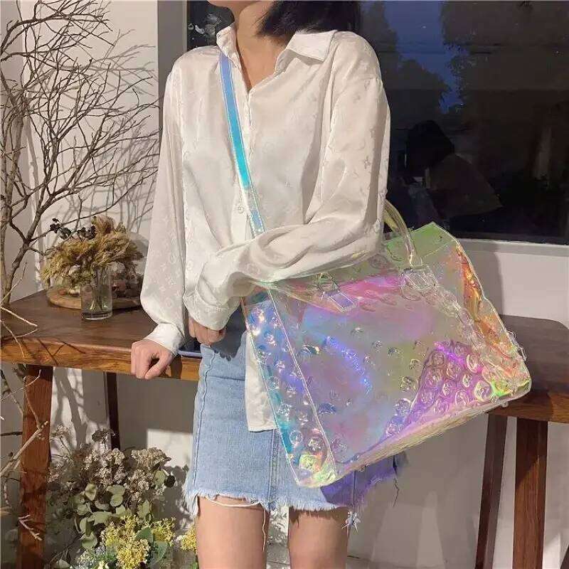 Tote Women TPU Transparent Tote Laser Holographic Colorful Shiny Travel Leisure Luggage Large Capacity Sports Gym Messenger Bag Clutch Bag