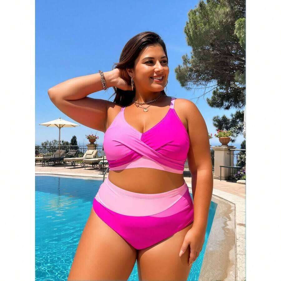 Designer 2026 New Plus Size Bikini Set Hot Pink Color Block Swimsuit V-Neck Twist Front Top And High Waisted Bottoms 4XL - Women's Swimwear