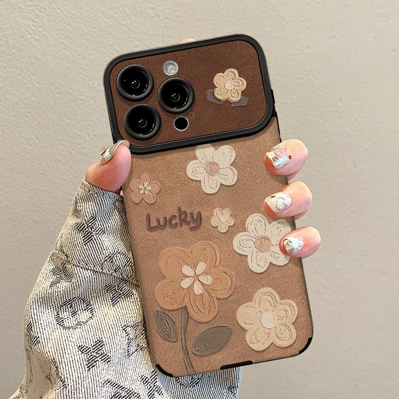 Designer Luxury Retro Floral Phone Case, Lucky Embossed Flower Pattern Full Lens Protection Shockproof Cover, Vintage Brown Leather Case For Iphone Se