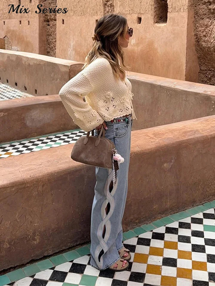 Fashion Side Hollow Out Jeans Womens High Waist Straight Leg Denim Pants 2026 Summer Lady Trendy Casual Streetwear 260402
