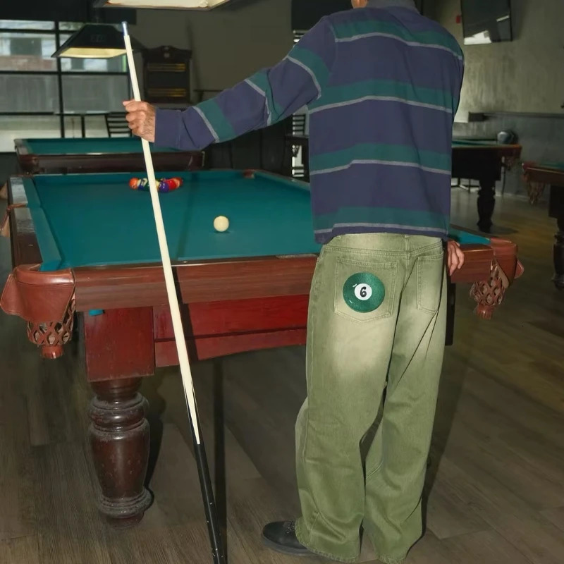 Y2K Retro Matcha Denim Jeans Washed Billiard Embroidered Denim Pants London Fashion York Style Streetwear Unisex Baggy Jeans 260403