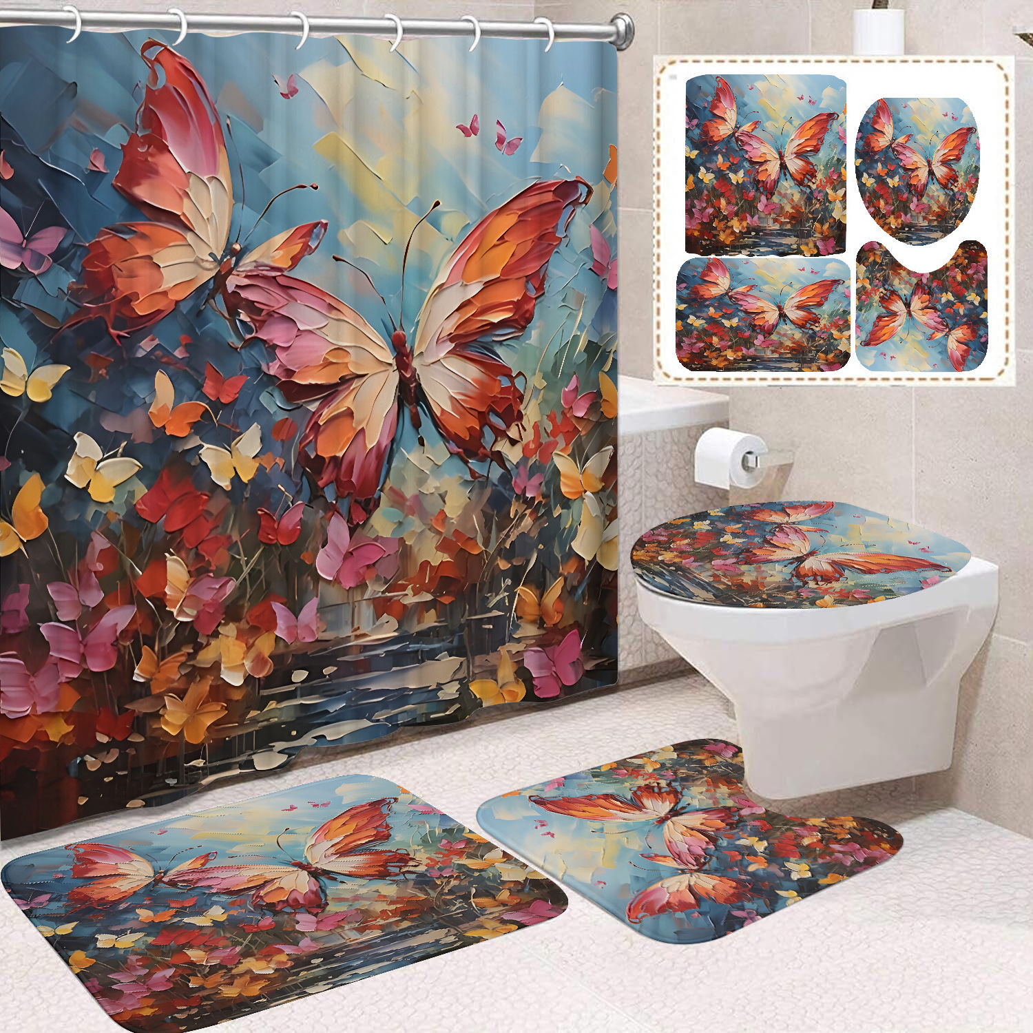 YL-38440 Home Decor Pink Butterfly and Flower Waterproof Shower Curtain Set (4 Pieces