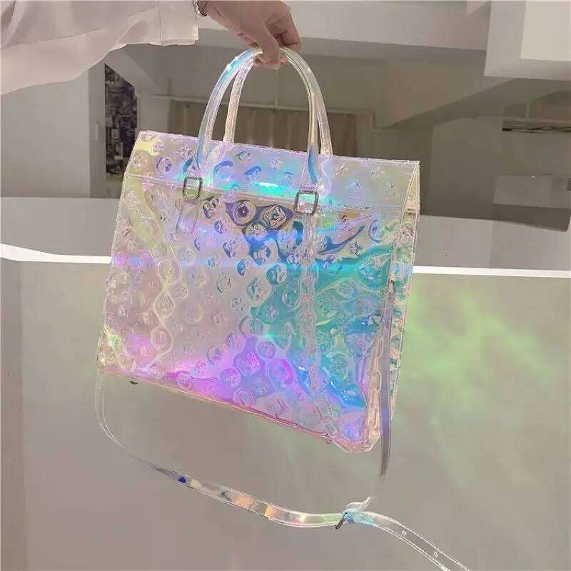 Tote Women TPU Transparent Tote Laser Holographic Colorful Shiny Travel Leisure Luggage Large Capacity Sports Gym Messenger Bag Clutch Bag