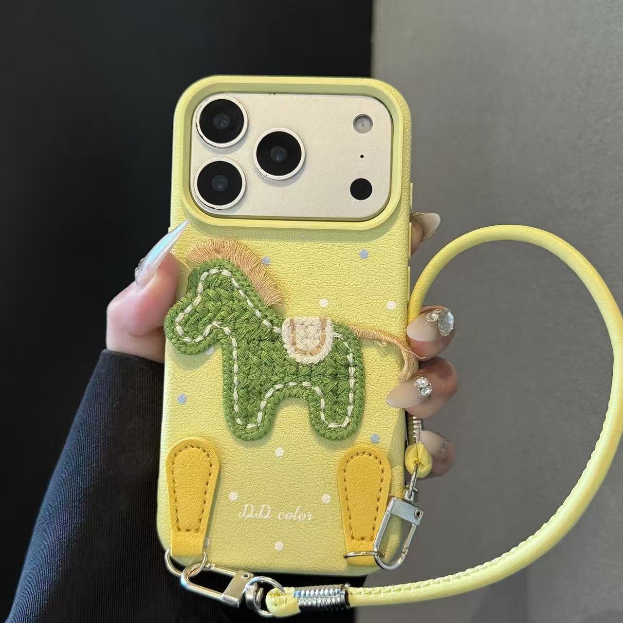 Designer Luxury Handcrafted Embroidered Horse Phone Case, Yellow Leather Wrist Strap Full Lens Protection Anti-fall Case For Iphone 15/14/13