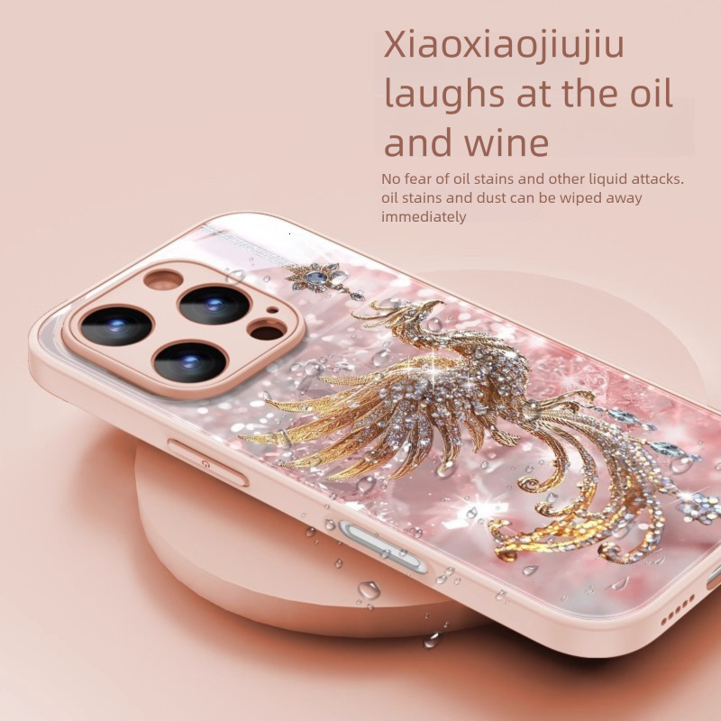 Luxury Designer Pink Phoenix Phone Case Premium Liquid Glass Bling Diamond Cover Full Lens Protection Protective Case For Iphone Elegant Gift
