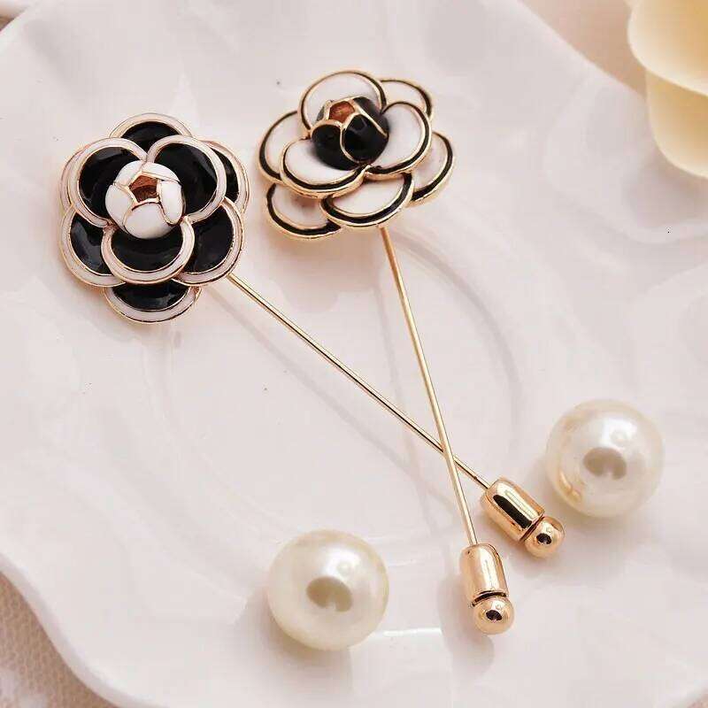 Camellia Pin Brooch Black White Flower Rose Pearl Female Brooches Accessories