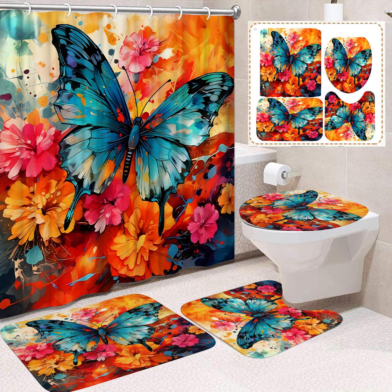 YL-38440 Home Decor Pink Butterfly and Flower Waterproof Shower Curtain Set (4 Pieces