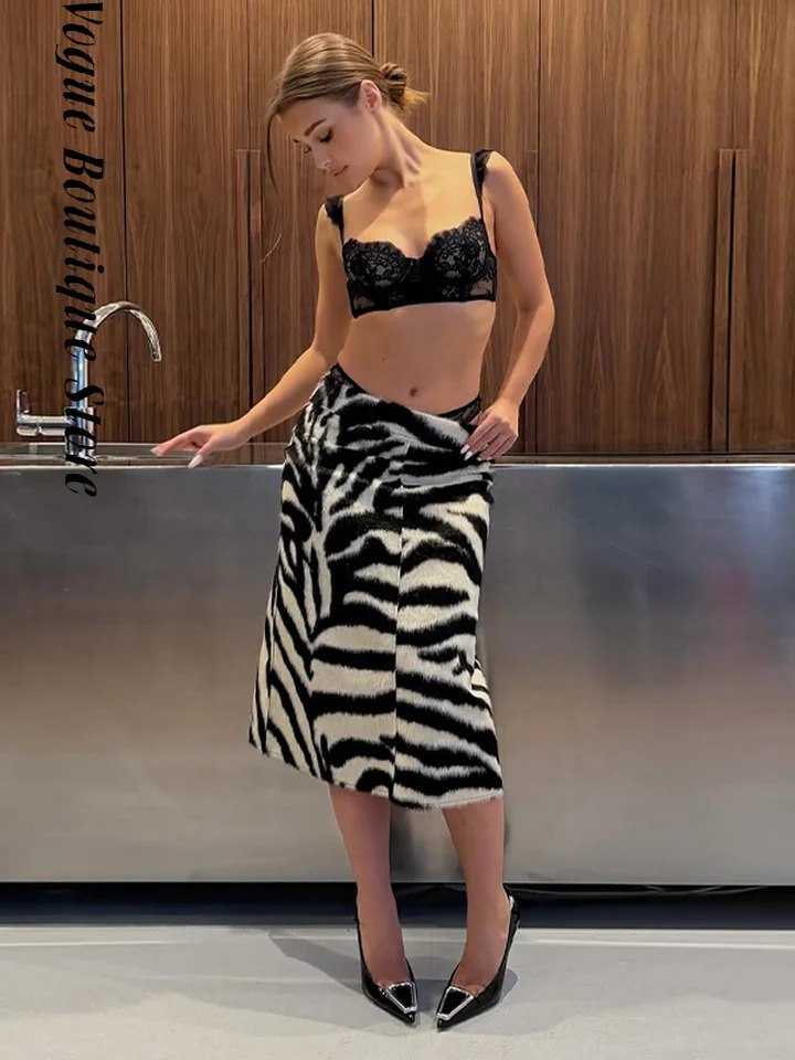 Sexy Zebra Print Fur Skirt Women High Waist Long A-line Evening Skirts Female 2026 Fashion All-match Bottoms 260403