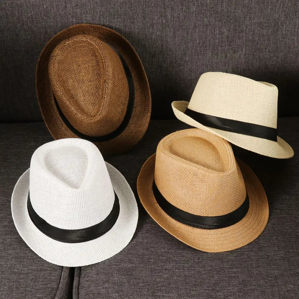 Unisex Fashion Beach Sun Cap Summer Wide Brim Straw Panama Cap Casual Jazz Dress Hat Cowboy Fedora Hat Gangster Cap 260327
