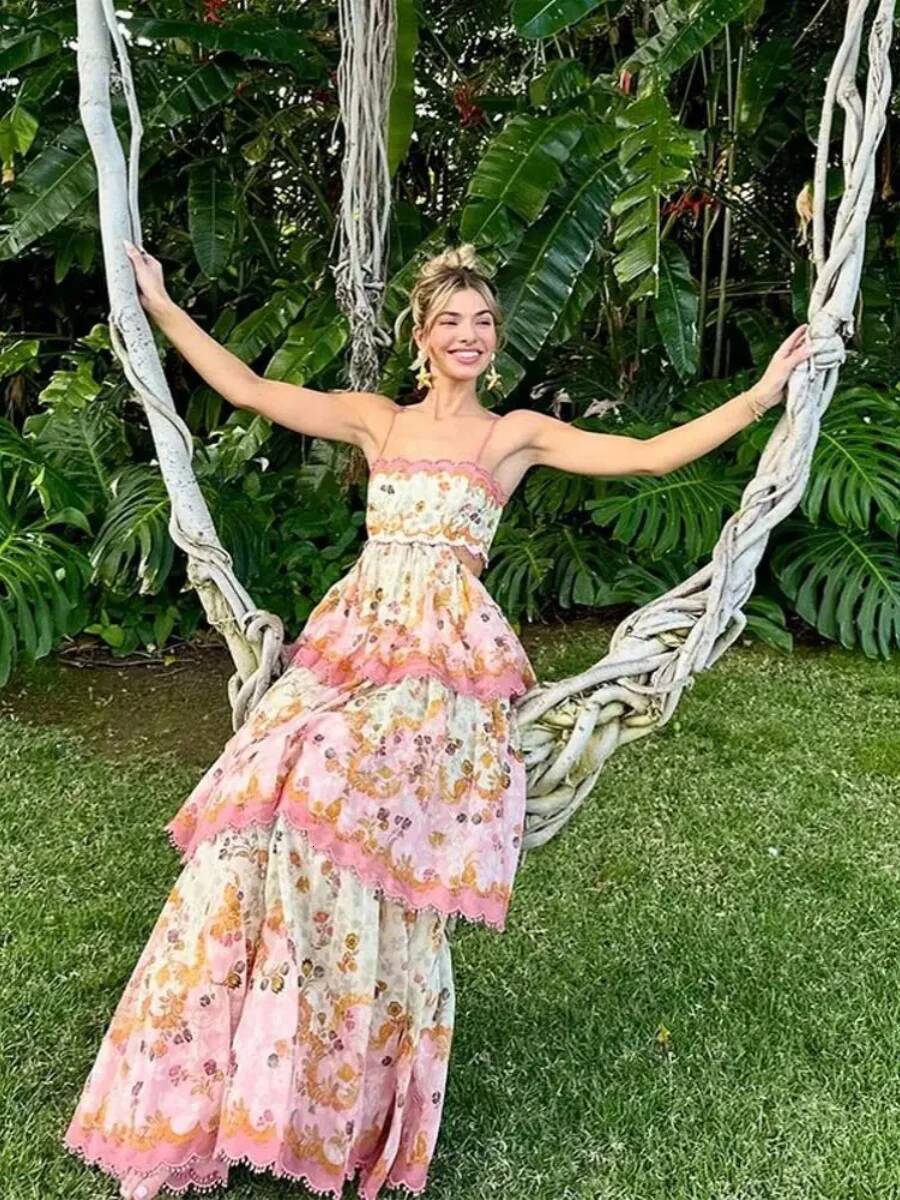 Off-Shoulder Floral Cake Long Skirt Halter Style Backless Splice Polyester Spring Summer Women's Street Fashion Dress