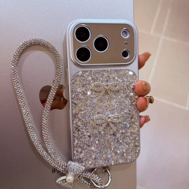 Designer Luxury Bling Glitter Phone Case 3D Bow Decor With Rhinestone Wrist Strap Full Lens Protection Shockproof Cover For Iphone Series