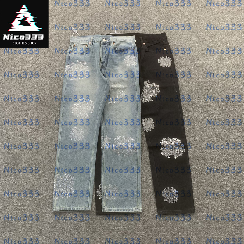 Diamond kapok embroidery wreath pattern vintage washed and aged with tags versatile street men and women straight jeans