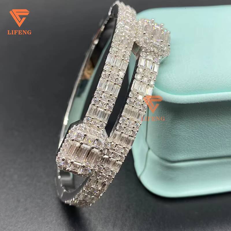 High Quality Solid Silver Baguette Design Moissanite Hip Hop Jewelry Drop Shipping Iced Out Bracelets and Bangles