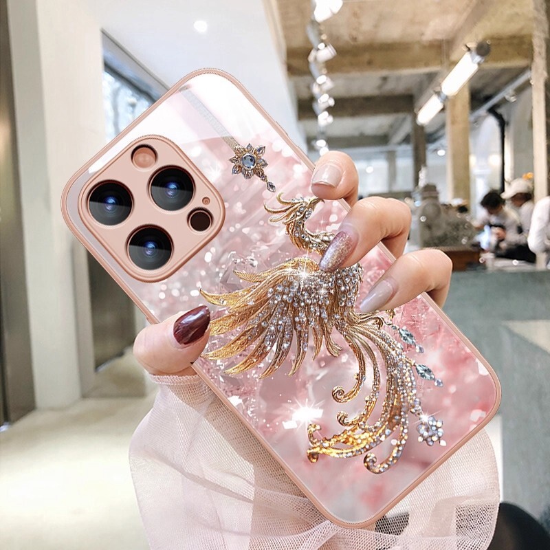 Luxury Designer Pink Phoenix Phone Case Premium Liquid Glass Bling Diamond Cover Full Lens Protection Protective Case For Iphone Elegant Gift