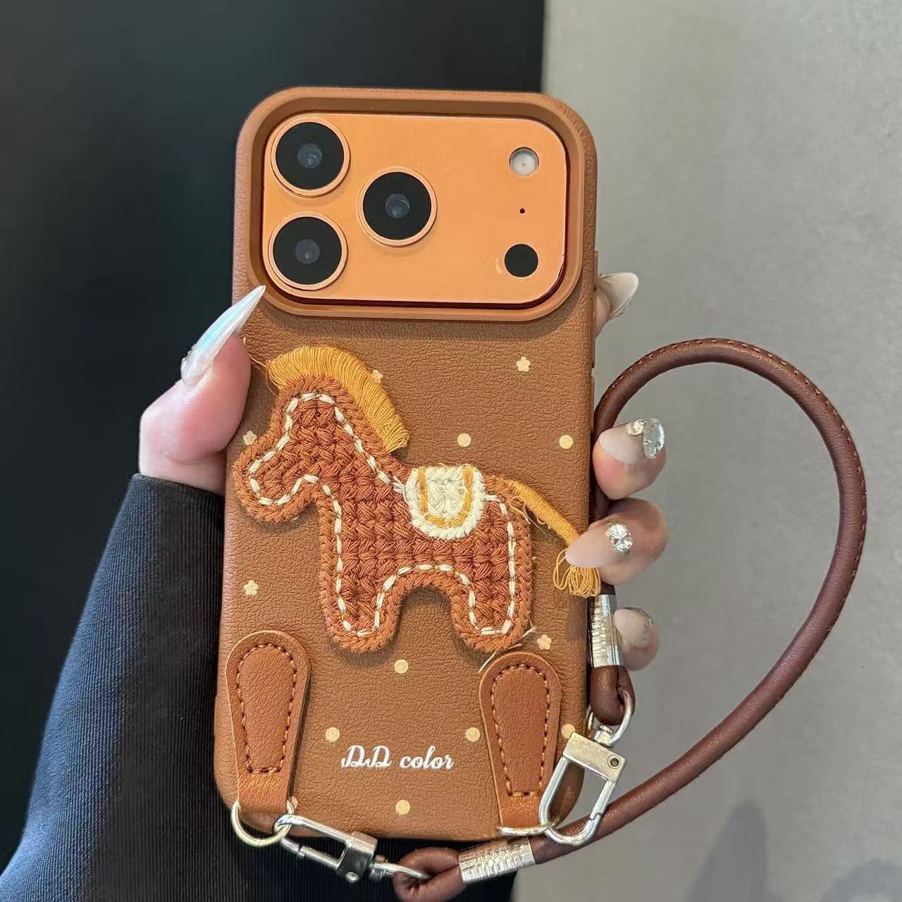 Designer Luxury Handcrafted Embroidered Horse Phone Case, Yellow Leather Wrist Strap Full Lens Protection Anti-fall Case For Iphone 15/14/13