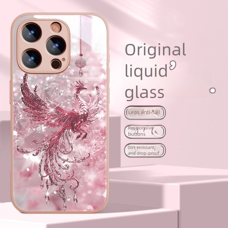 Luxury Designer Pink Phoenix Phone Case Premium Liquid Glass Bling Diamond Cover Full Lens Protection Protective Case For Iphone Elegant Gift