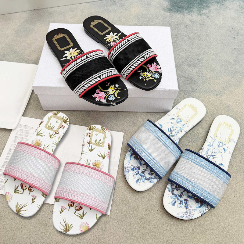 Designer Sandal Flat Slide Lady Canvas Mule Cotton Flatform Slipper High-quality Summer Beach Classic Women Size 35-41