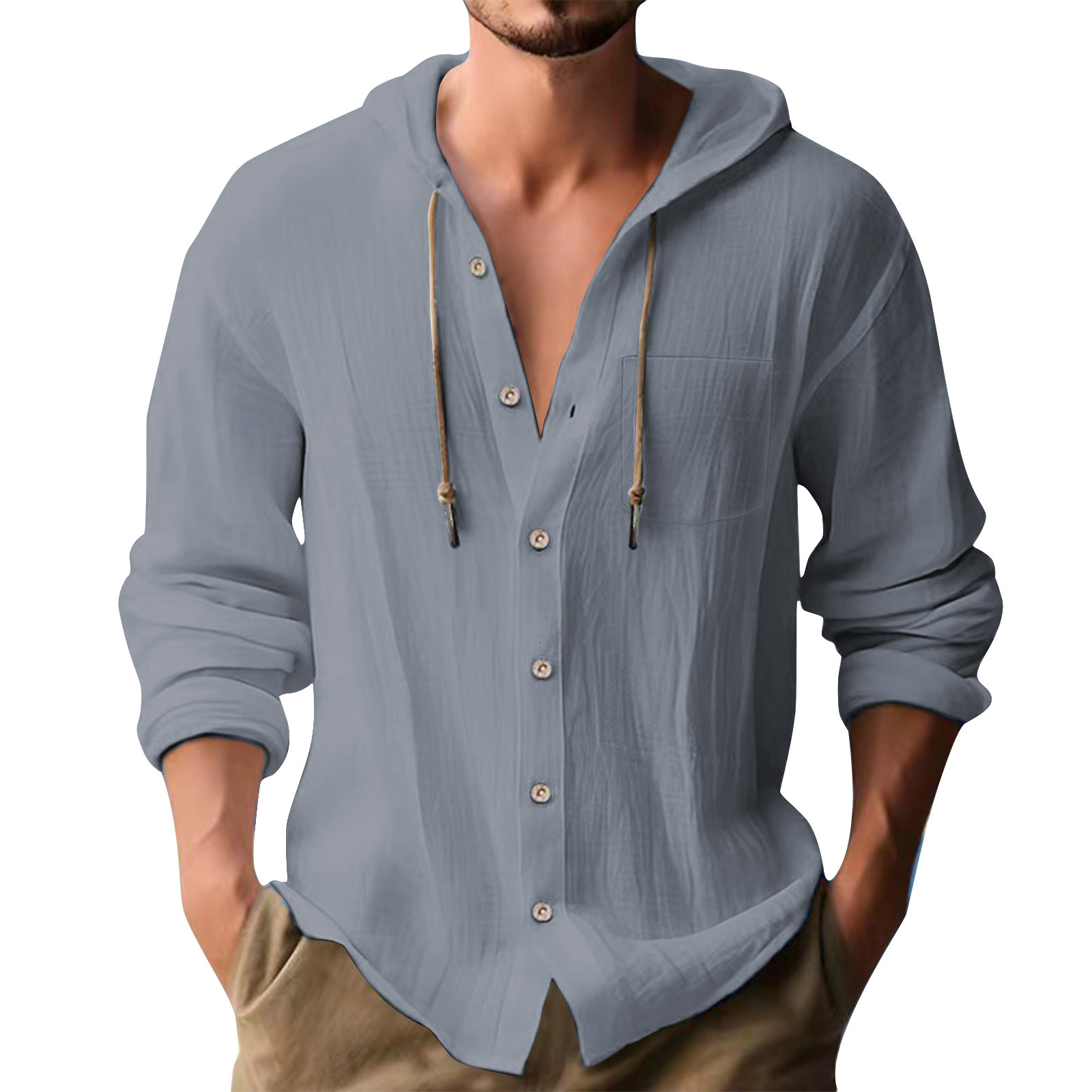 Luxury Brand Designer Men 2026 New Hooded Linen Cotton Long Sleeve Shirt Casual Solid Color Button Down Hoodie T-Shirt for Daily Wear