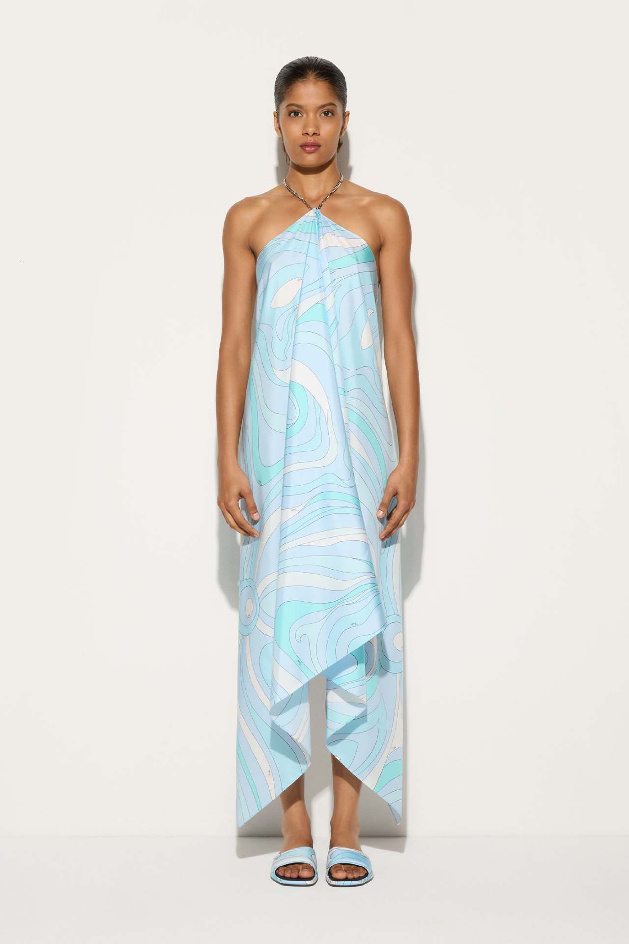 2025 New Printed Satin Simple Style Printed Halter Neck Long Dress Irregular Dress