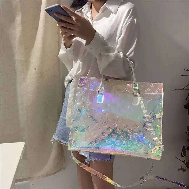 Tote Women TPU Transparent Tote Laser Holographic Colorful Shiny Travel Leisure Luggage Large Capacity Sports Gym Messenger Bag Clutch Bag